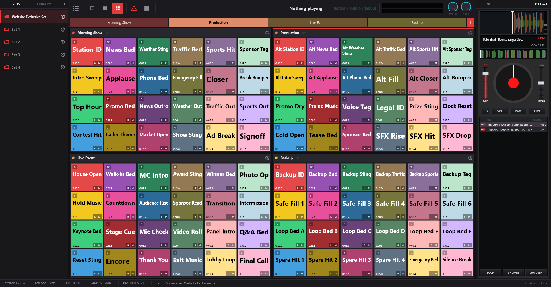 CueCart 1.2.9 with Website Exclusive Set loaded, four populated cue-grid panels, the Sets sidebar, and the DJ Deck loaded on the right.