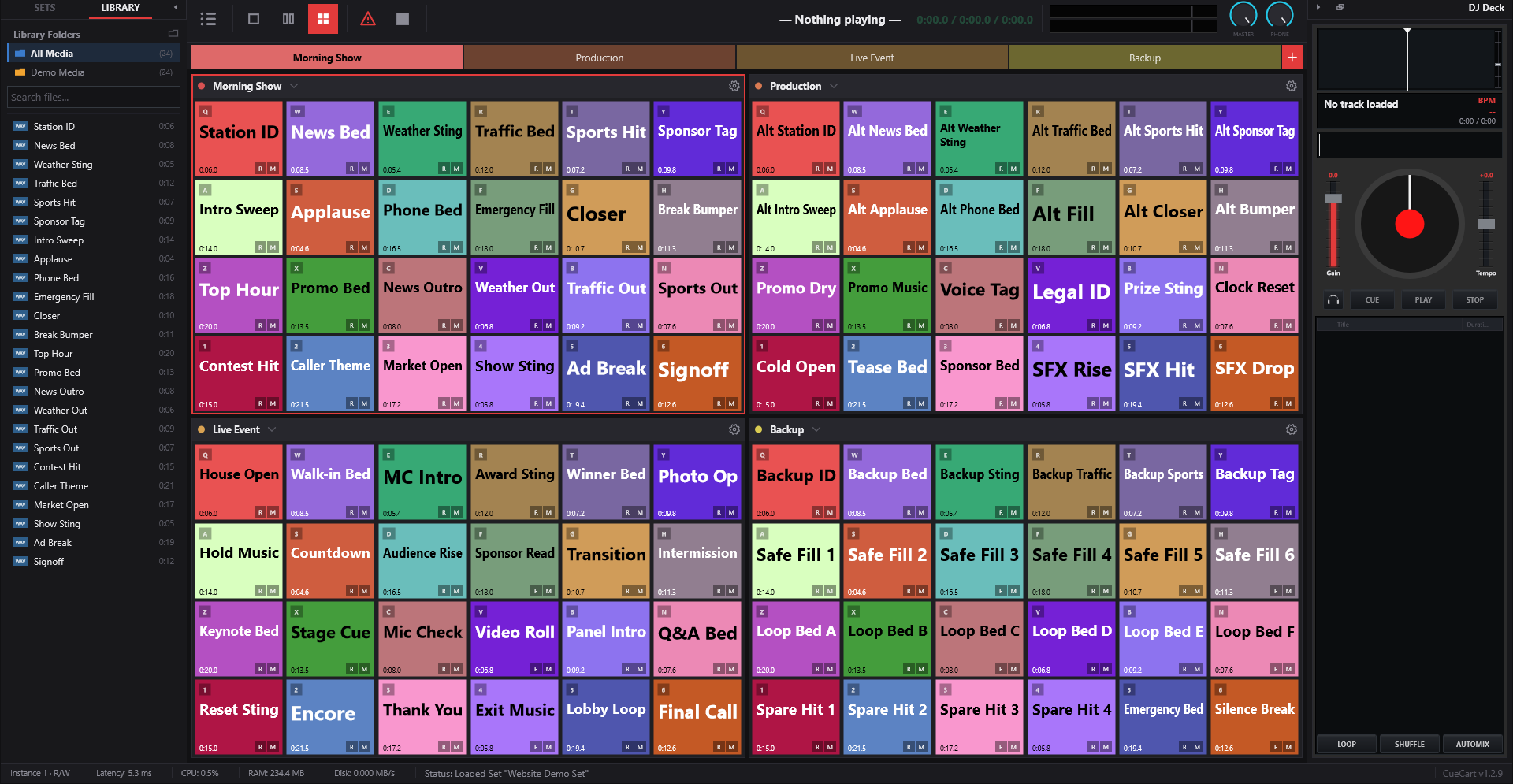 The CueCart Library tab with All Media and Demo Media folders, a searchable file list with durations, populated cue grids, and the DJ Deck.