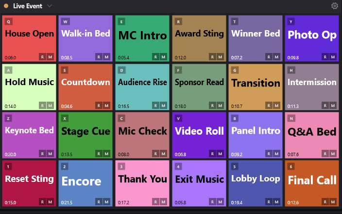 Close-up of a fully populated CueCart cue grid using teal Shades of bank colour, with hotkeys, routing badges, and duration labels.
