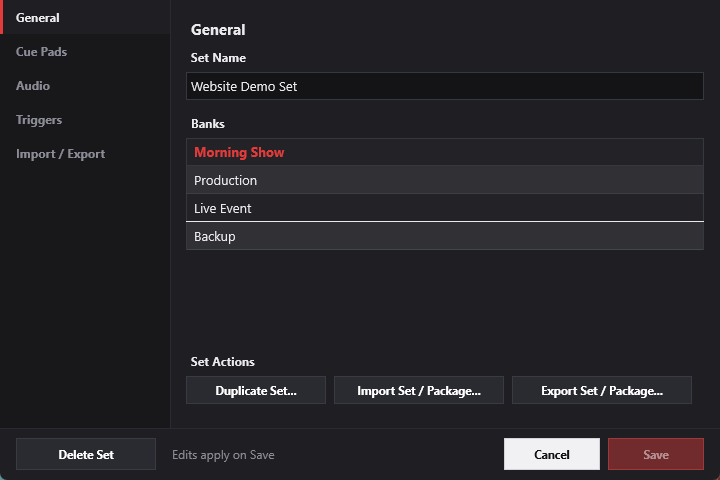 CueCart Set Settings for Website Demo Set, showing the General tab with the Set name, banks list and Set actions.