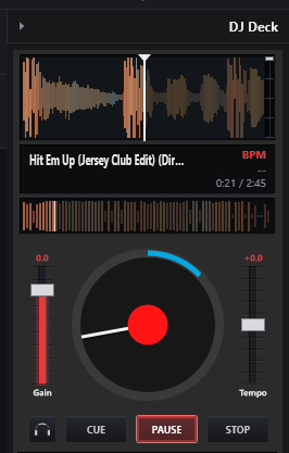 CueCart's DJ Deck playing a loaded track, with waveform, cue marker, jog wheel, gain and tempo faders, and transport controls.