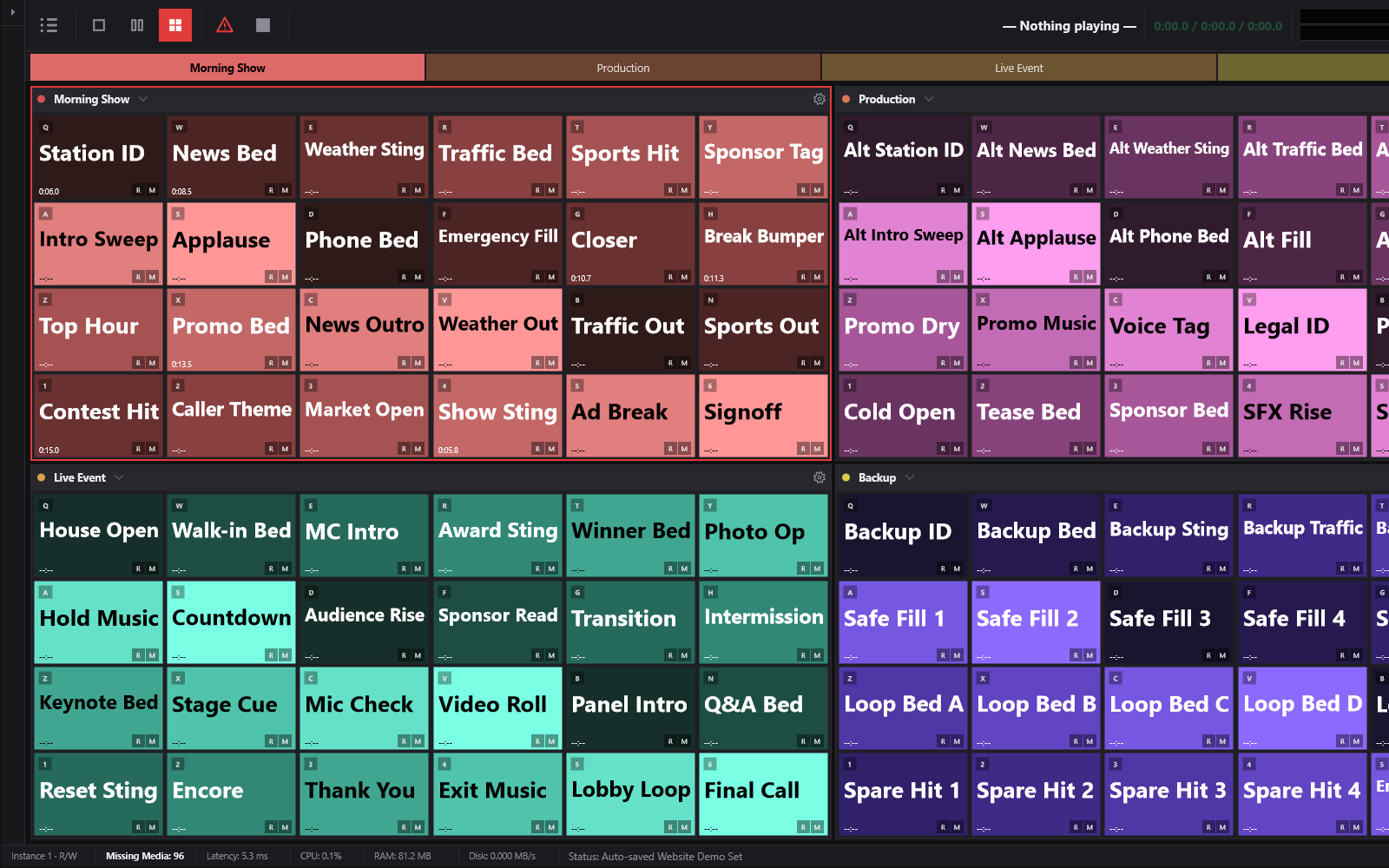 CueCart's four-panel wall with Morning Show, Production, Live Event, and Backup banks using red, magenta, teal, and purple shaded cue grids.