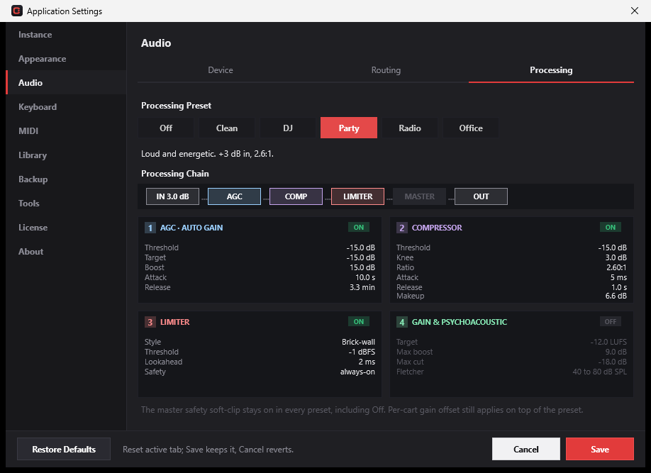 CueCart Application Settings with Audio Processing open and the Party preset selected.