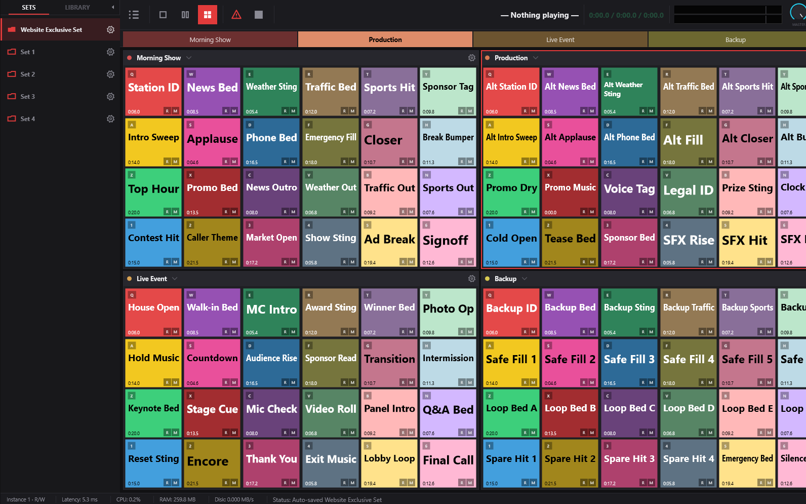 CueCart's Sets sidebar with Website Exclusive Set selected and populated cue grids loaded.