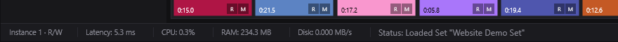 Close-up of the left side of CueCart's status bar, showing instance mode, latency, CPU, RAM, Disk and current activity.