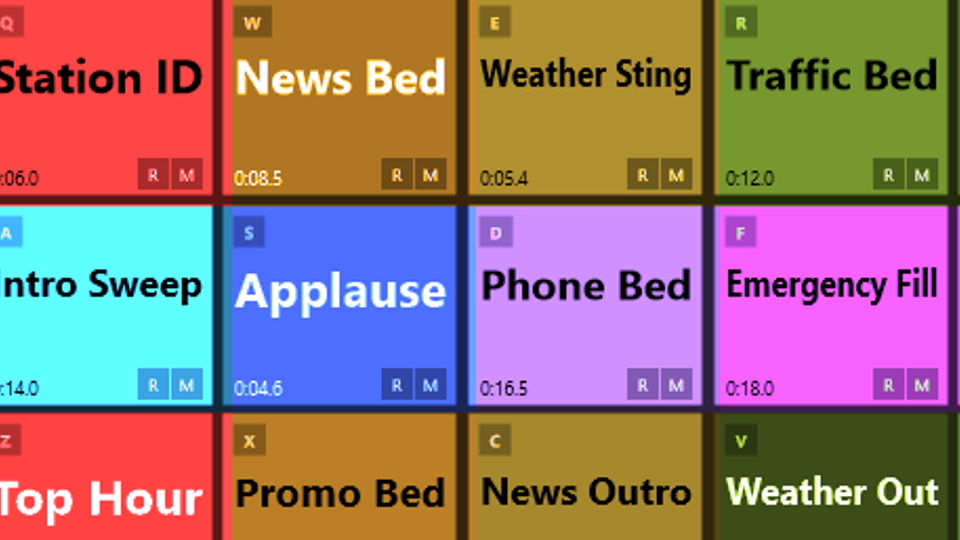Close-up of populated CueCart cue pads with names, hotkeys, duration labels and routing badges.