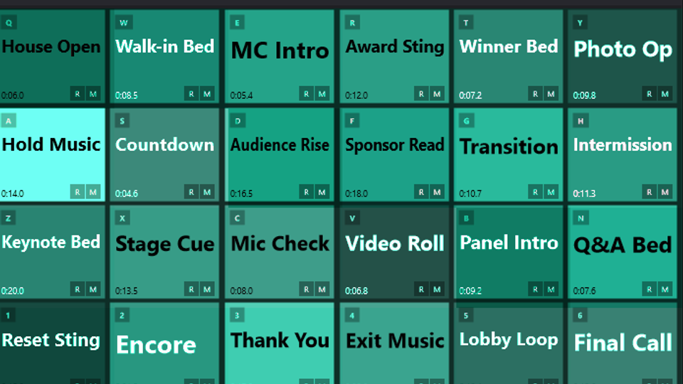 Cue pads showing colour, name, hotkey and duration changes made from the Cue Editor.