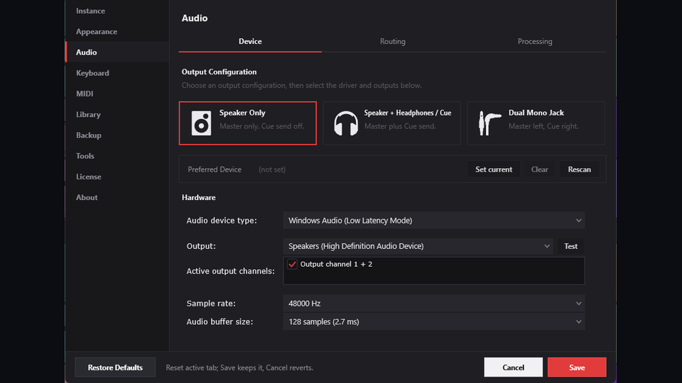 CueCart Audio settings with device, output mode, sample rate and buffer controls.