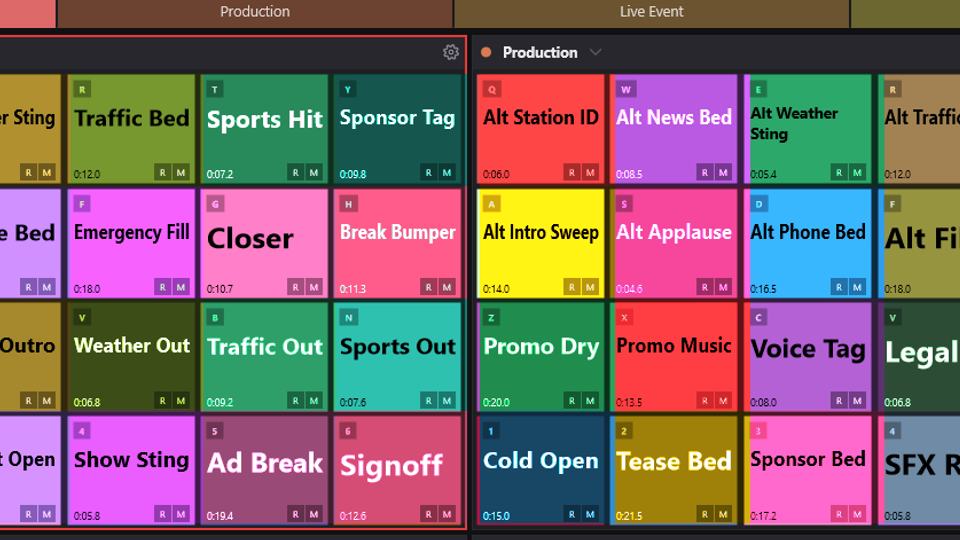 CueCart bank tabs and populated panels showing bank colours, Rainbow cue colours, Palette Cycle cue colours and duration labels.