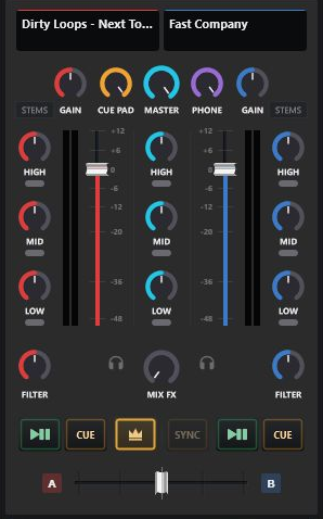 CueCart 1.3.3 Mixer with Deck A and Deck B channels, Master, Cue Pad, Phone, EQ and crossfader controls.