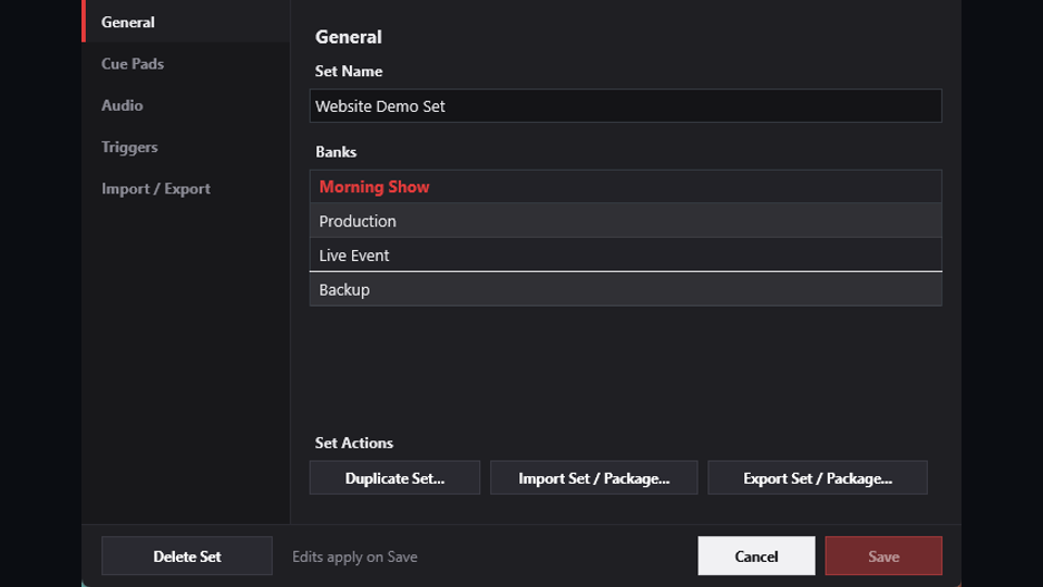 Set Settings dialog showing Import Set / Package and Export Set / Package actions.